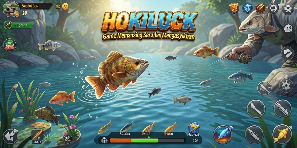 Tampilan gameplay HOKILUCK dengan pemandangan memancing yang indah.