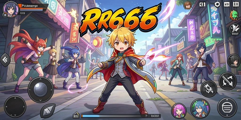 Screenshot gameplay RR666 menampilkan karakter Anime dalam aksi penuh energi.
